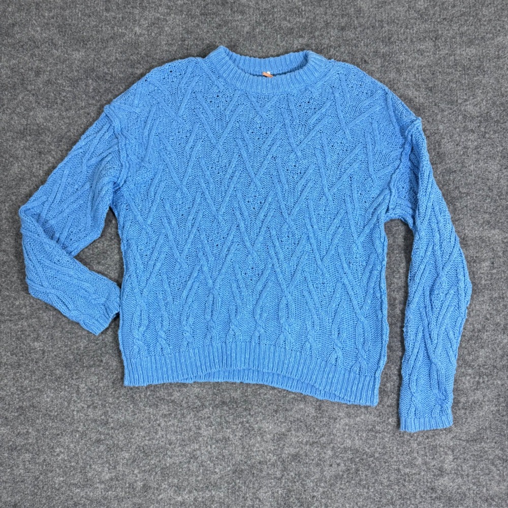 Free People Cable Knit Pullover Sweater Womens S Blue Cotton Blend Oversized EUC